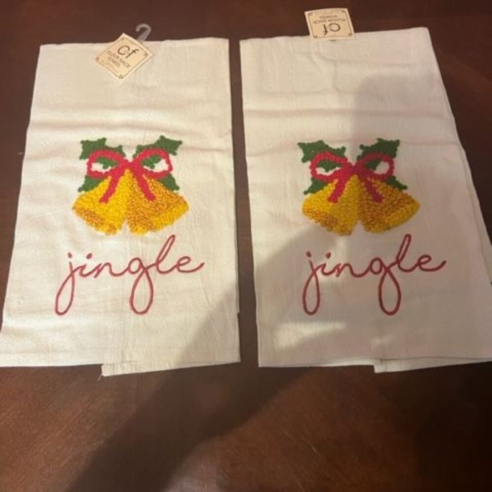 C&F Home Holiday Kitchen Towels Set Of 2  Embroidered Bells & Jingle 100% cotton